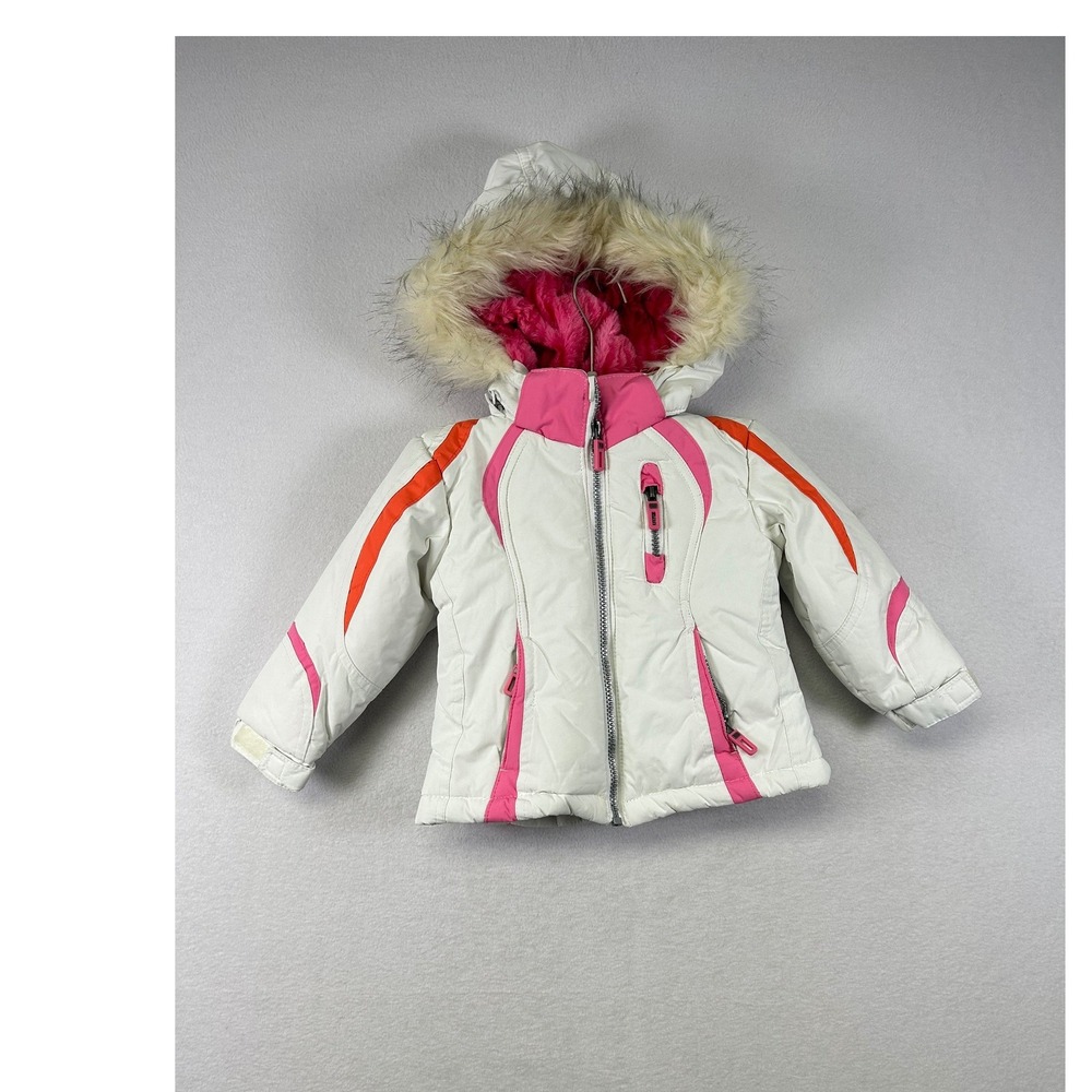 FOG by London Fog Kids White Pink Orange Faux Fur Hood Winter Ski Jacket Size‎ 2